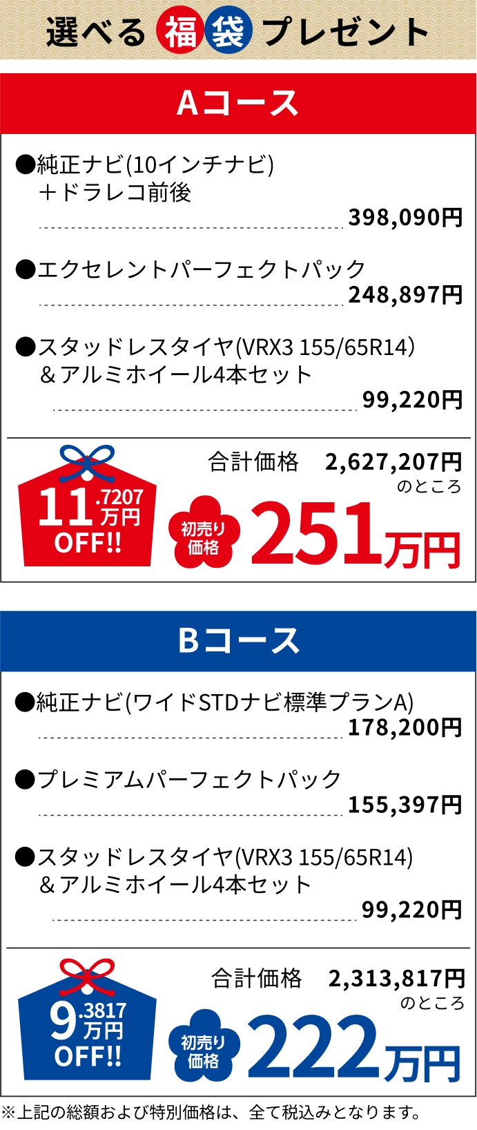 Aコース 251万円, Bコース 222万円