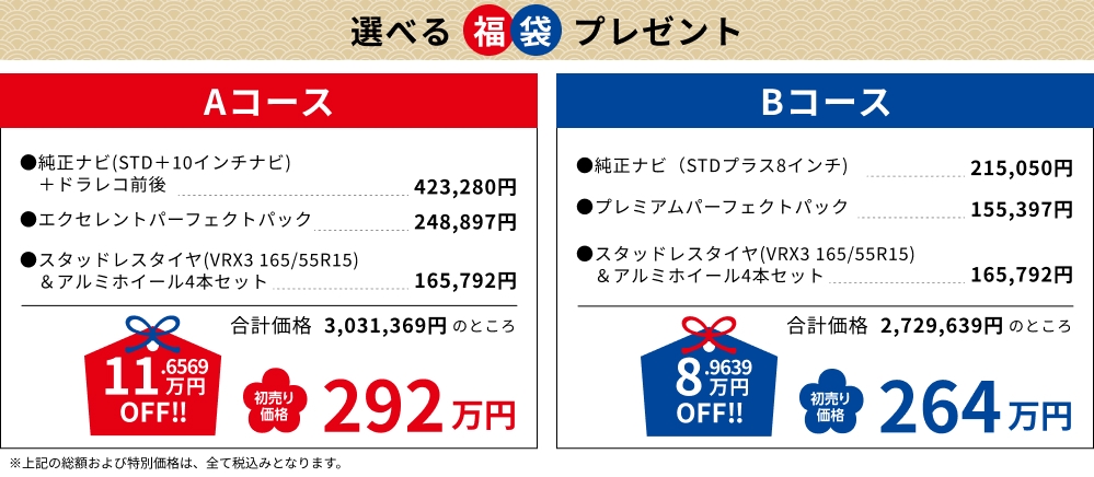 Aコース 292万円, Bコース 264万円