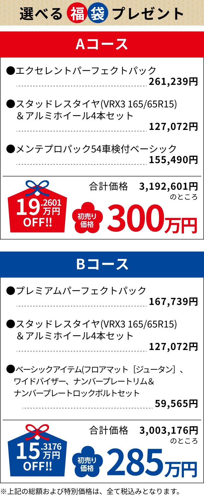 Aコース 300万円, Bコース 285万円