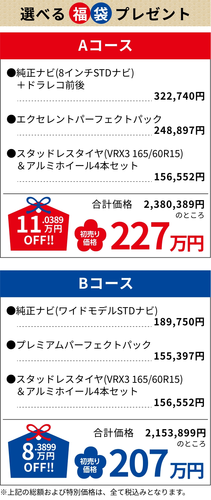 Aコース 227万円, Bコース 207万円