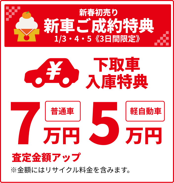 新春初売り 新車ご成約特典 1/3·4·5《3日間限定》 下取車入庫特典 普通車7万円・軽自動車5万円査定金額アップ ※金額にはリサイクル料金を含みます。