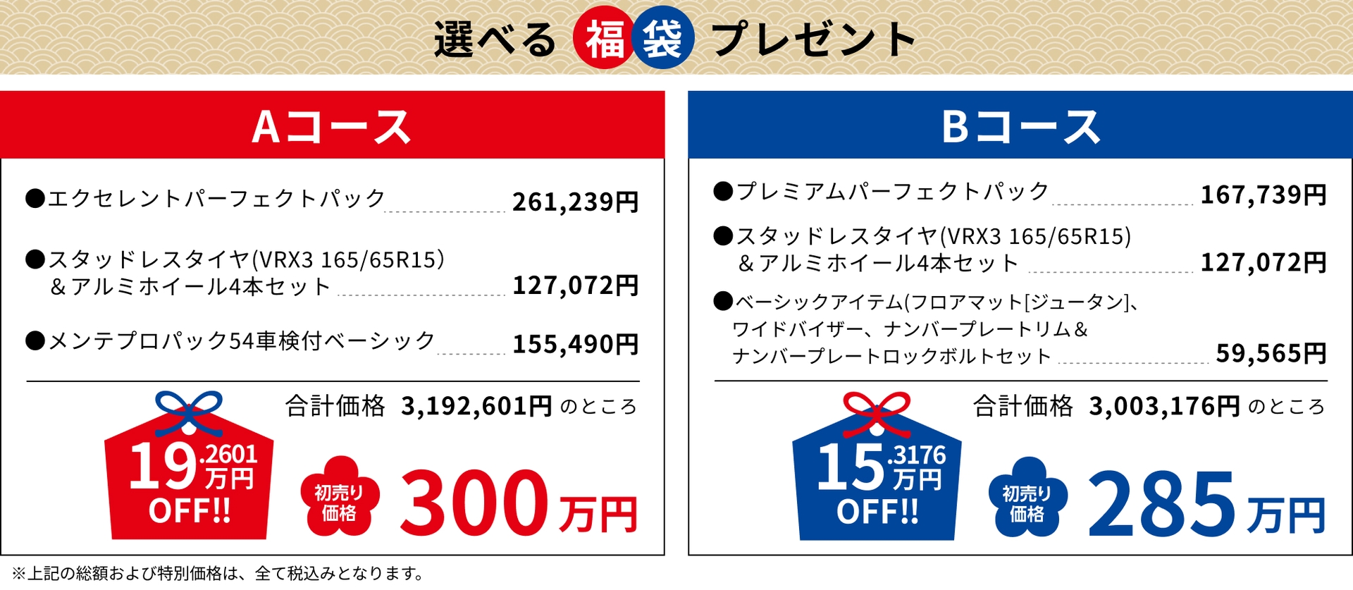 Aコース 300万円, Bコース 285万円