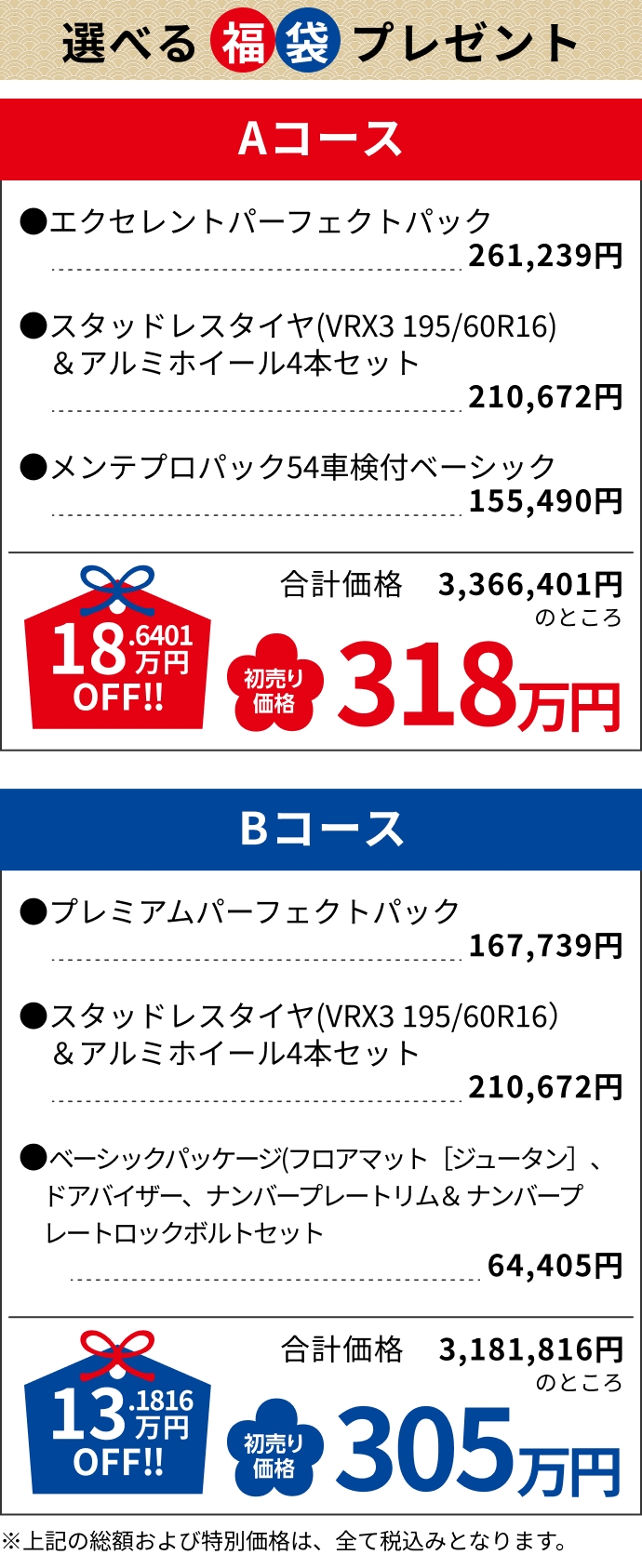 Aコース 318万円, Bコース 305万円