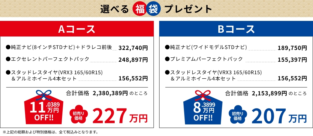 Aコース 227万円, Bコース 207万円